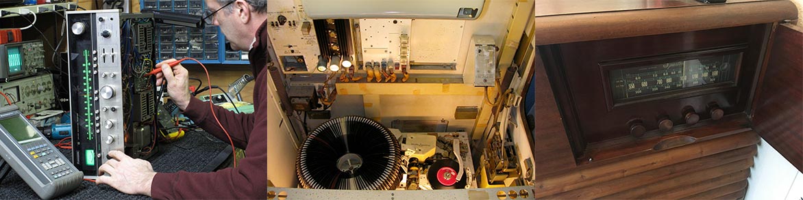 Vintage pioneer receiver being troubleshot on the bench, Wurlitzer jukebox being worked on, vintage console stereo